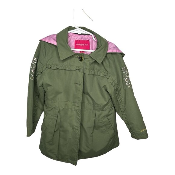 London Fog Girl's Light Weight w/ Hood Trench Coat Olive and Pink 5-6 - Picture 1 of 12
